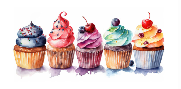 Cupcakes on a white background painted in watercolor. Generative AI