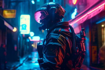 Cyberpunk Soldier wearing Riot armor on the street Cyperpunk Futuristic City Illuminated with Neon Lights Sci Fi. Cyperpunk city image at night. Created using generative AI.