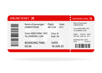 Red and white Airplane ticket design. Realistic illustration of airplane boarding pass with passenger name and destination. Concept of travel, journey or business trip. Isolated on white background.
