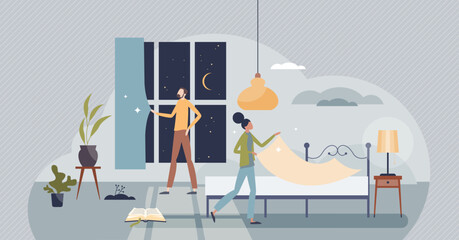 Sleep hygiene as routine action for better sleep quality tiny person concept. Avoid insomnia with fresh air, reading before bedtime and make room dark vector illustration. Lower temperature at night.