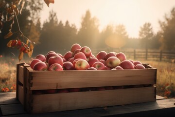Wooden box of fresh apples in a garden Generative AI