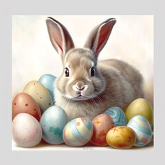 Easter - Cute Bunny With Decorated Eggs. Adorable Bunny With Easter Eggs.
