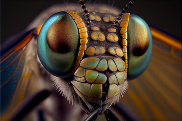 Microscopic close up face of a male dragonfly created with generative ai