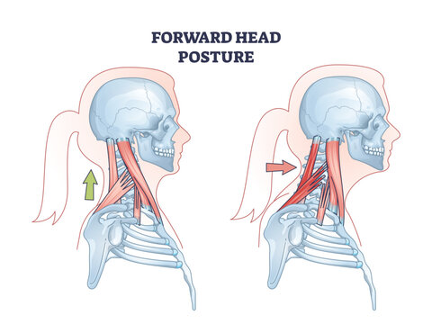 Forward head posture compared with healthy neck position outline diagram. Educational scheme with turtle neck condition and muscular system vector illustration. Anatomical spine problem explanation.