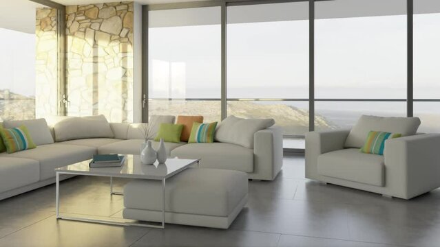 footage Illustration 3D rendering  large luxury modern bright interiors Living room mockup computer digitally generated image