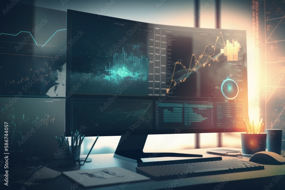 Poster computer monitor with analytical data visualization. ai generated, human enhanced