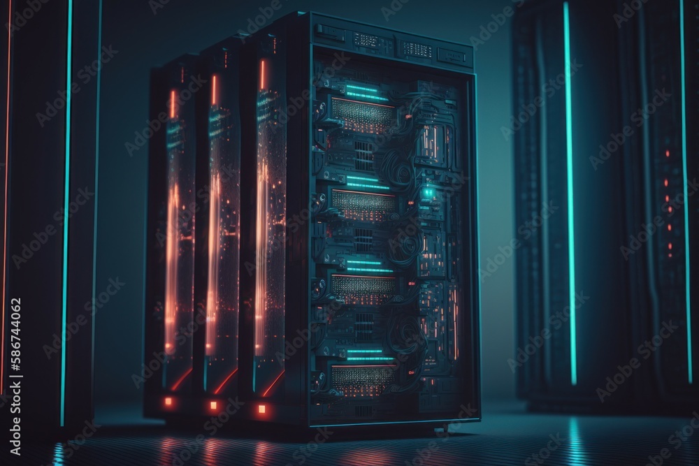 Poster modern data center with computer servers. ai generated, human enhanced.
