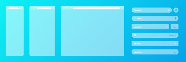 Blank transparent internet browser window with various search bar templates. Web site engine with search box, address bar and text field. UI design, website interface elements. Vector illustration