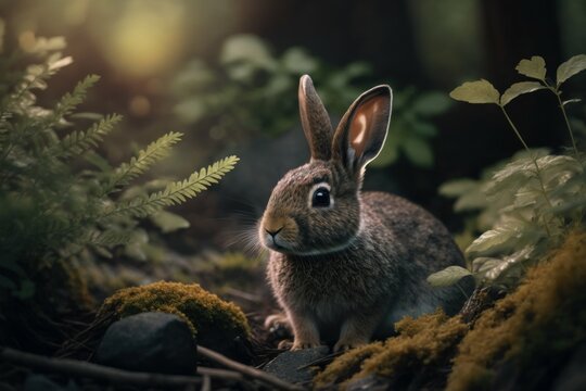 Cute rabbit in nature in natural habitat. AI generated, human enhanced