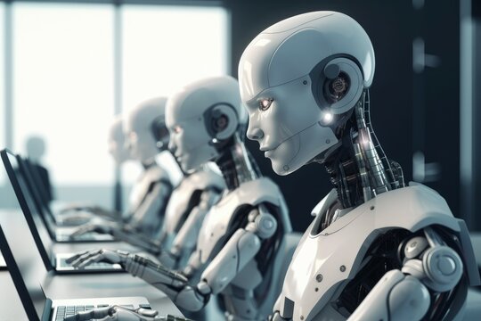 Robotic office with laptops and robots, business process automation. AI generated, human enhanced.