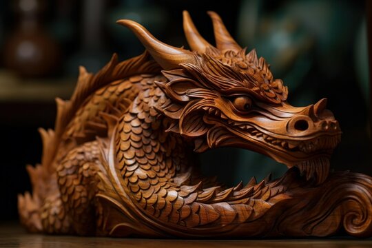 Dragon carved from mahogany wood. AI generated, human enhanced