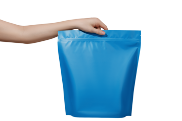 Woman hand hold foil package on a transparent background. Branding and packaging mockup.