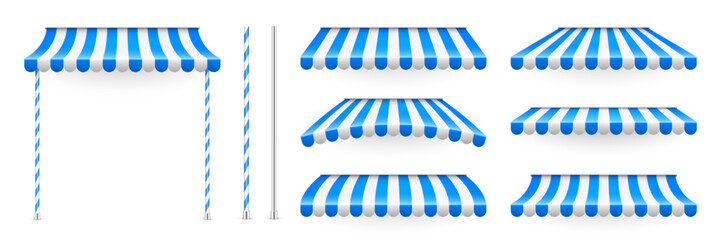 Blue shop sunshade with stand holders. Realistic striped cafe awning. Outdoor market tent. Roof canopy. Summer street store. Vector illustration