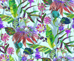 Seamless pattern with tropical colorful art flowers and palm leaves for textile