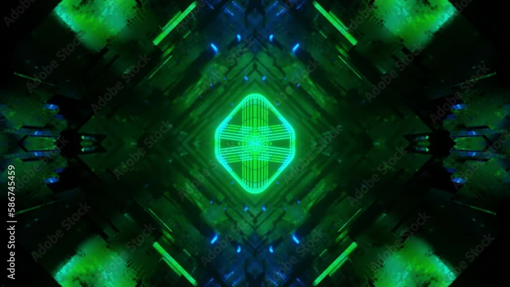 Poster symmetrical 3d object or structure rotates and moves inside glass mirror tunnel with neon light, bri