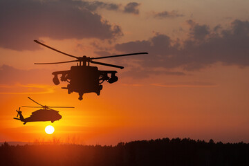 Silhouettes of helicopters on background of sunset. Greeting card for Veterans Day, Memorial Day, Air Force Day. USA celebration.