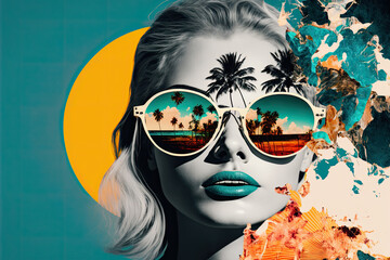 Tropical vacation travel concept. Young beautiful woman wearing huge sunglasses. Generative AI - obrazy, fototapety, plakaty