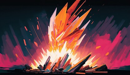 Naklejka na ściany i meble A bright, abstract depiction of a bonfire with bold brushstrokes of pink, orange, and yellow.