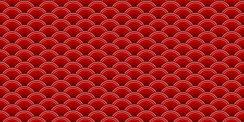 Colorful Chinese and Japanese seamless pattern. Traditional asian ornament, oriental New Year decoration. Modern red background, geometric texture with waves. Vector illustration