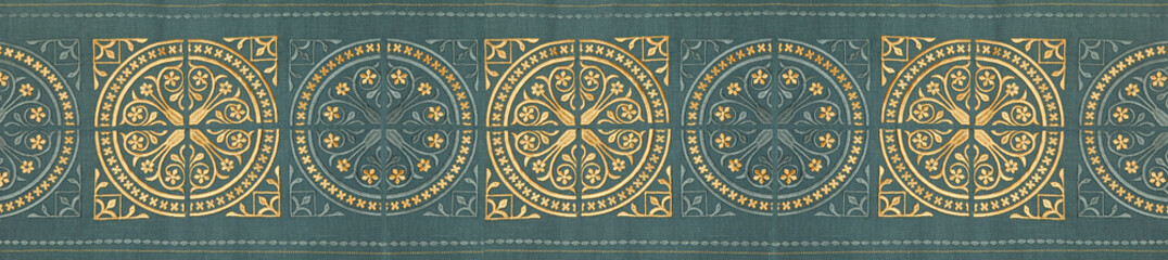Embroidery element, pattern in oriental style, on linen fabric. Oriental pattern, for interior decoration, stylish design.