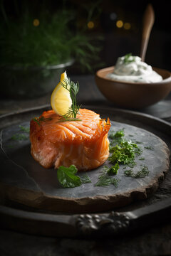 Elegant Stone-Plated Salmon Dish with Dill and Lemon - A Gourmet Seafood Delight, AI Generative