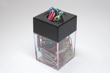 universal clip dispenser with magnetic square black lid many colored paperclips