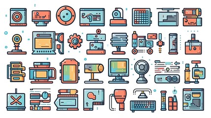 sleek 8K collection of technology icons featuring clean line art, flat colors, and vector designs. Set against a white background, these detailed graphics effortlessly capture the essence of tech.