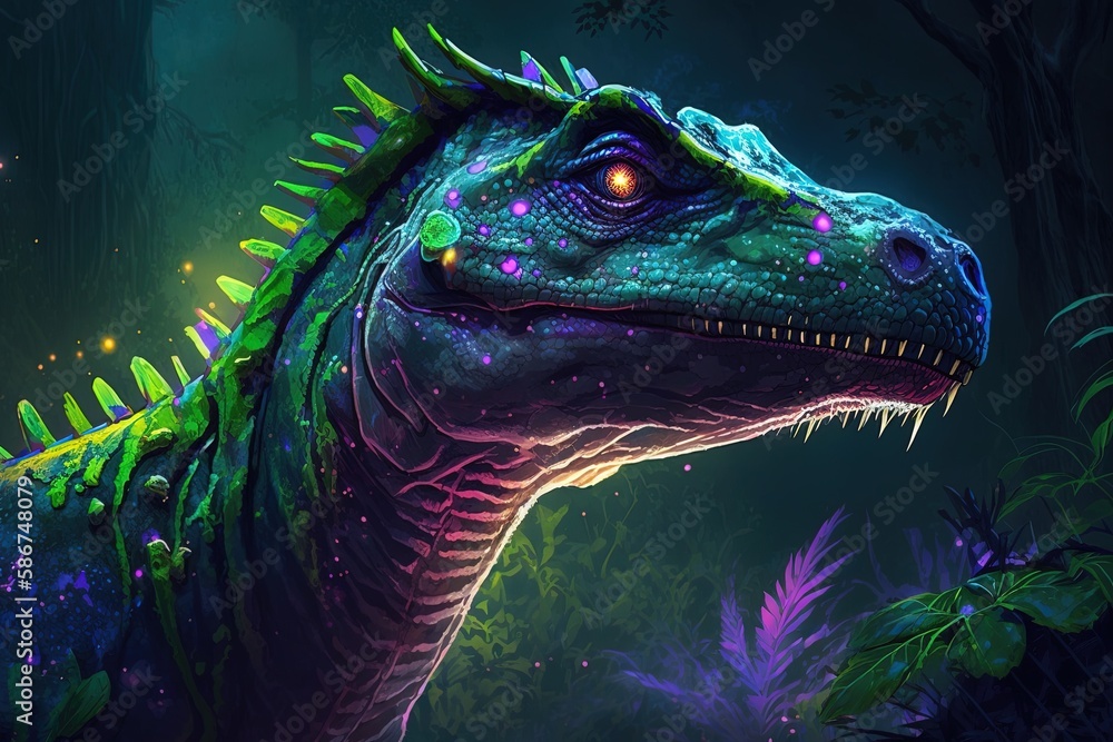 Poster enlivening the extinct: a brillant glow from a brightly colored dino generative ai