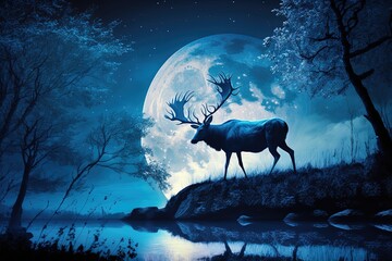 Enchanted in the Moonlight: A Moonlight Fantasy Elk Scene Generative AI