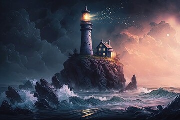 Ethereal Twilight Lighthouse - A Dreamlike Voyage on Tides Unknown Generative AI