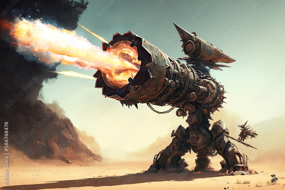 Poster colossal calamity - firing fury in the form of a gargantuan soldier's weapon generative ai