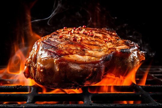 Nackensteak / Schweinenackensteak auf Grill mit Flammen. Generative Ai.