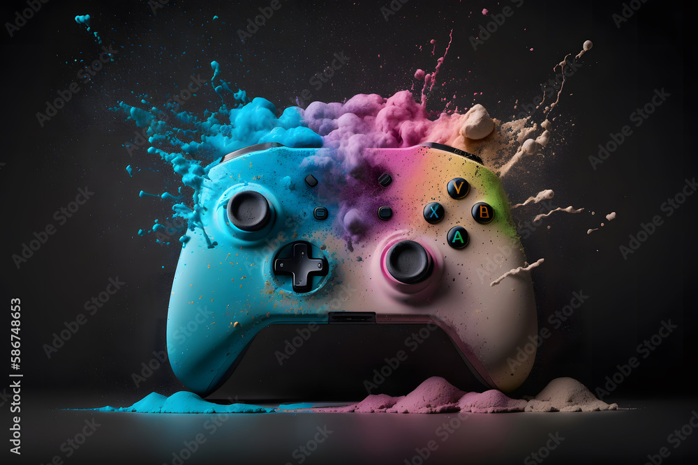 Aufkleber game joystick on colorful splash background. neural network ai generated art
