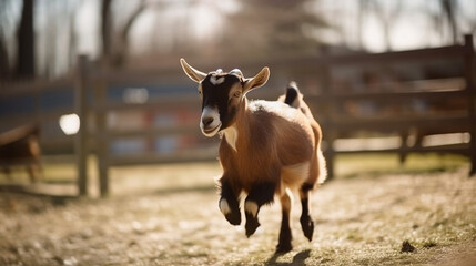 a goat roaming free on a farm, sunny day