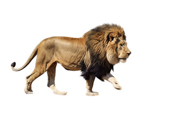 Obraz premium a male lion. Panthera leo, walking, trotting and running, in wildlife-themed, photorealistic illustrations on a transparent background cutout in PNG. Generative AI