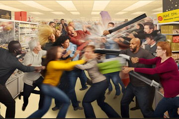 Crowd of people on black friday fighting for promotional goods. Neural network AI generated art