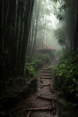Foggy winding Bamboo path in Bamboo jungle at rainy season. The Beauty of the Rainforest: A Mystical Bamboo Walkway