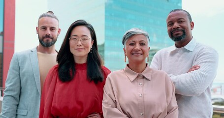 Diversity, business people and teamwork on rooftop of office building in city for success, motivation and collaboration. Portrait, group or global workers with vision, trust and goals for management