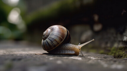 a slimy brown snail slithering along the ground