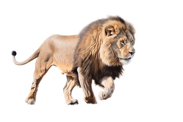Obraz na płótnie Canvas a male lion. Panthera leo, walking, trotting and running, in wildlife-themed, photorealistic illustrations on a transparent background cutout in PNG. Generative AI