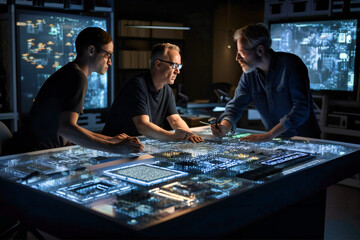 Project manager and computer science engineer engage in stimulating discussions utilizing a large-screen display for enhanced productivity