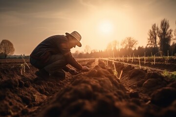 Male hands touching soil on the field during sunset. Farmer is checking soil quality before sowing Generative AI