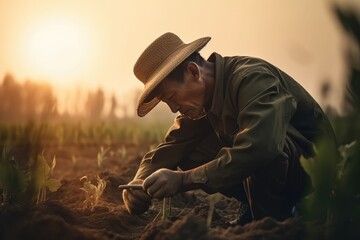 Obraz premium Male hands touching soil on the field during sunset. Farmer is checking soil quality before sowing Generative AI