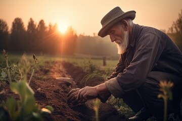 Male hands touching soil on the field during sunset. Farmer is checking soil quality before sowing Generative AI