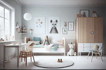 Fototapeta na wymiar Scandinavian interior design of playroom with wooden cabinet, armchairs, Spacious child room with window, play tent, sack chair, poster mockup, Generative AI