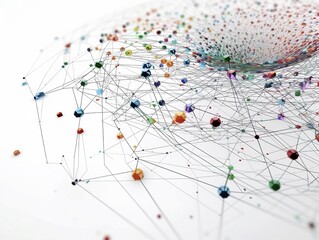 Abstract connected dots and lines. AI technology, Motion of digital data flow. Communication and technology network concept with moving lines and dots. 3D rendering. White background. Colours