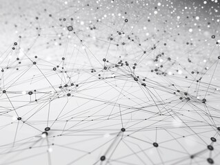 Abstract connected dots and lines. AI technology, Motion of digital data flow. Communication and technology network concept with moving lines and dots. 3D rendering. White background. Black and white