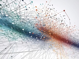 Abstract connected dots and lines. AI technology, Motion of digital data flow. Communication and technology network concept with moving lines and dots. 3D rendering. White background. Colours