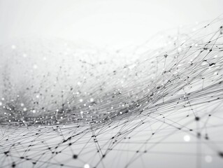 Abstract connected dots and lines. AI technology, Motion of digital data flow. Communication and technology network concept with moving lines and dots. 3D rendering. White background. Black and white