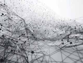 Abstract connected dots and lines. AI technology, Motion of digital data flow. Communication and technology network concept with moving lines and dots. 3D rendering. White background. Black and white